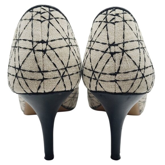 Coach And Four Beige & Black Geometric Peep-Toe Heels Size 8 Canvas 3" Stiletto - Picture 5 of 15